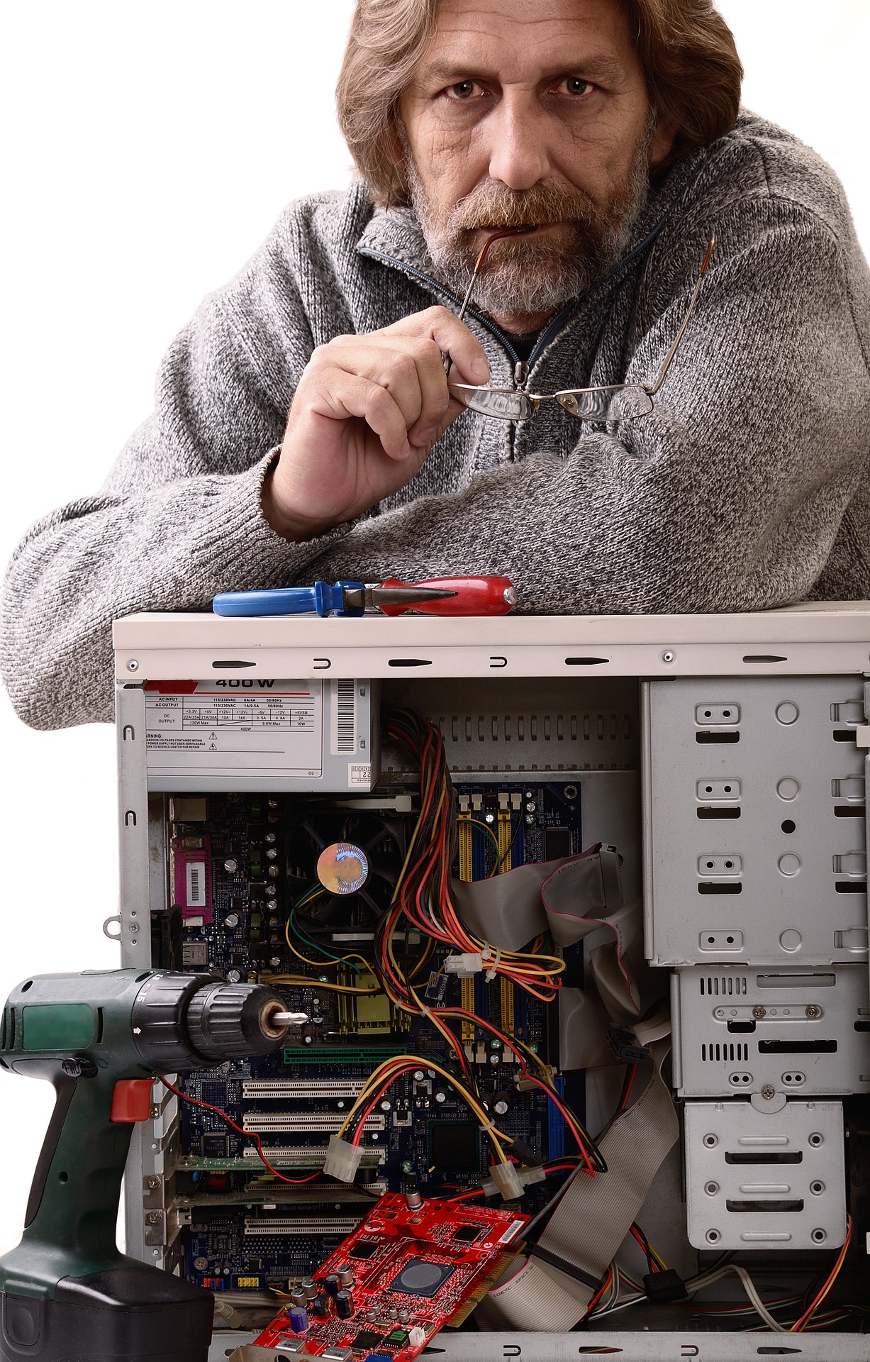 Technician with open PC case
